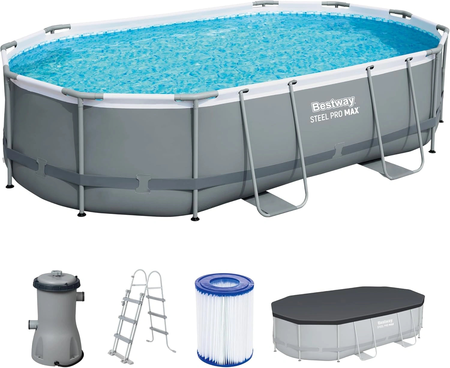 Bestway Steel Pro Max Kit Piscine Hors Sol - 488 cm x 305 cm x 107 cm - Gris, pompe, 949 L, 028 L