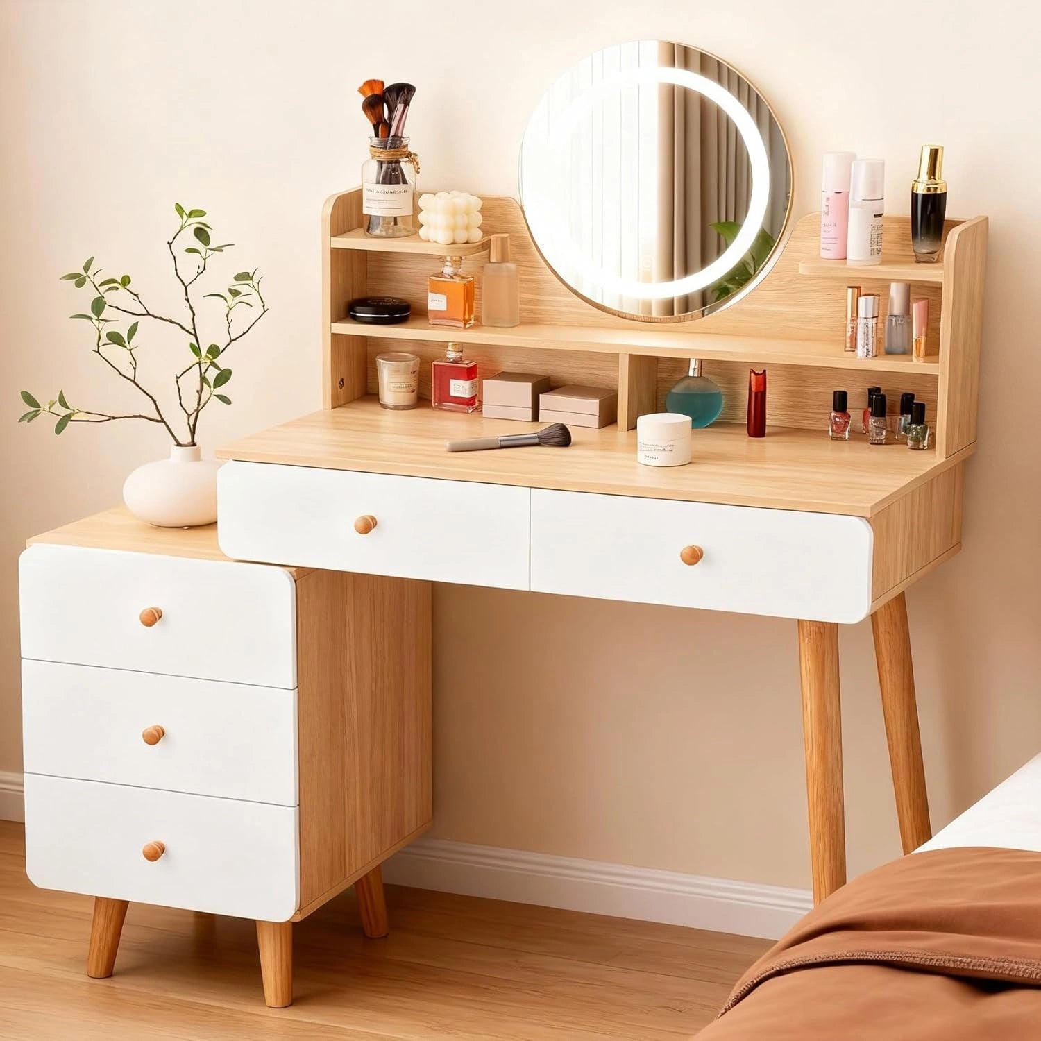 SHARPDO Coiffeuse avec Miroir LED, Bois et Blanc, 3 Couleurs, Table de Maquillage avec 5 Tiroirs et 3 Étagères, 80 - 100 cm Longueur, Style Moderne