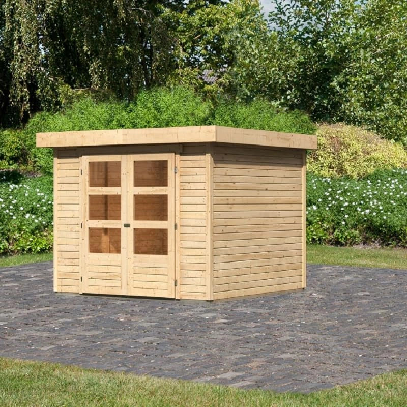 Karibu Askola 3,5, Abri de Jardin Bois Massif 19 mm - 5,95 m², Double Porte Vitrée et Toit en Pente, Couleur Naturelle avec Fenêtres Plexi