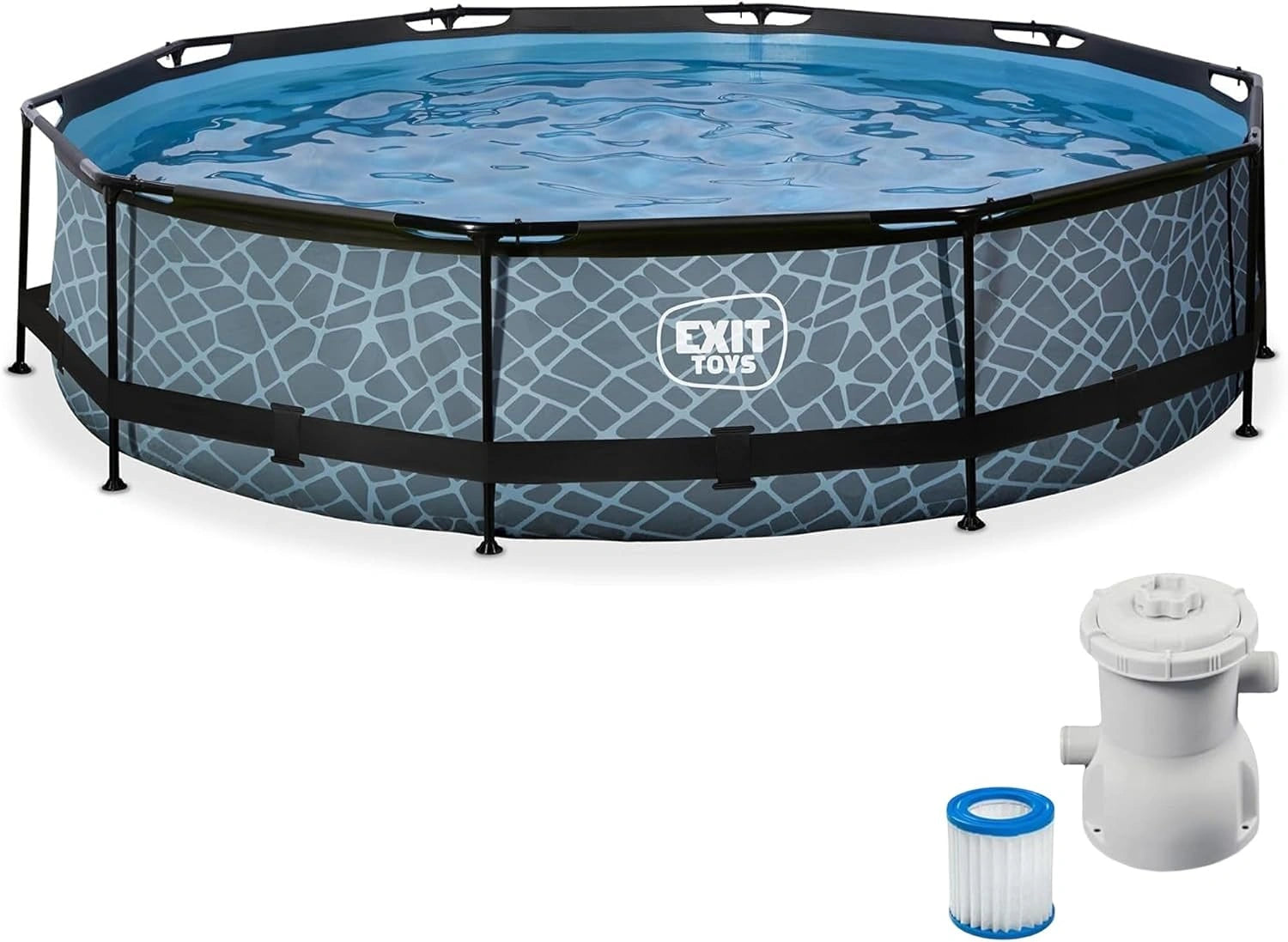 EXIT TOYS Piscine Hors Sol Tubulaire Ronde ø 360 x 76 cm avec Pompe Filtrante, Gris, Certifiée TÜV CE en 16582, Structure Stable, Stone Pool