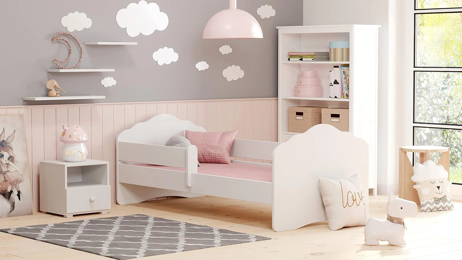 KOBI Lit Enfant FALA Blanc, 140x70 cm, avec Un Matelas et Un Cadre, Meuble la Chambre Bebe, Lit Simple avec Barriere