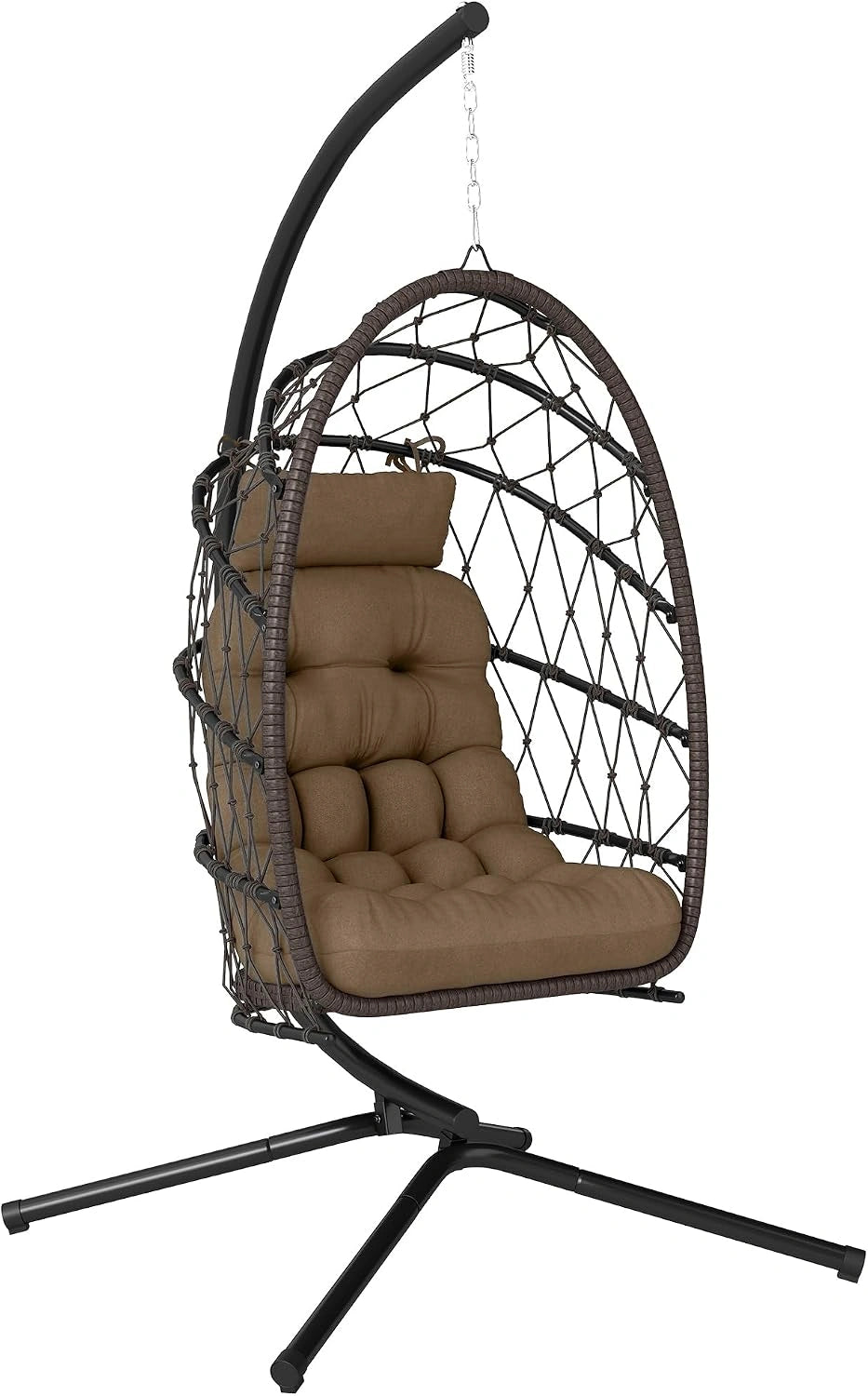 Outsunny Chaise suspendue avec support, balançoire jardin extérieur avec panier pliable en rotin, coussin épais, appuie-tête, hauteur réglable