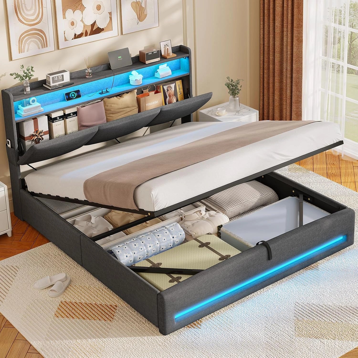 AOGLLATI Lit Coffre 140×200 avec LED et Ports USB, Lin Gris Foncé(sans Matelas), lit 2 Personnes avec Hydraulique, Sommier à Lattes
