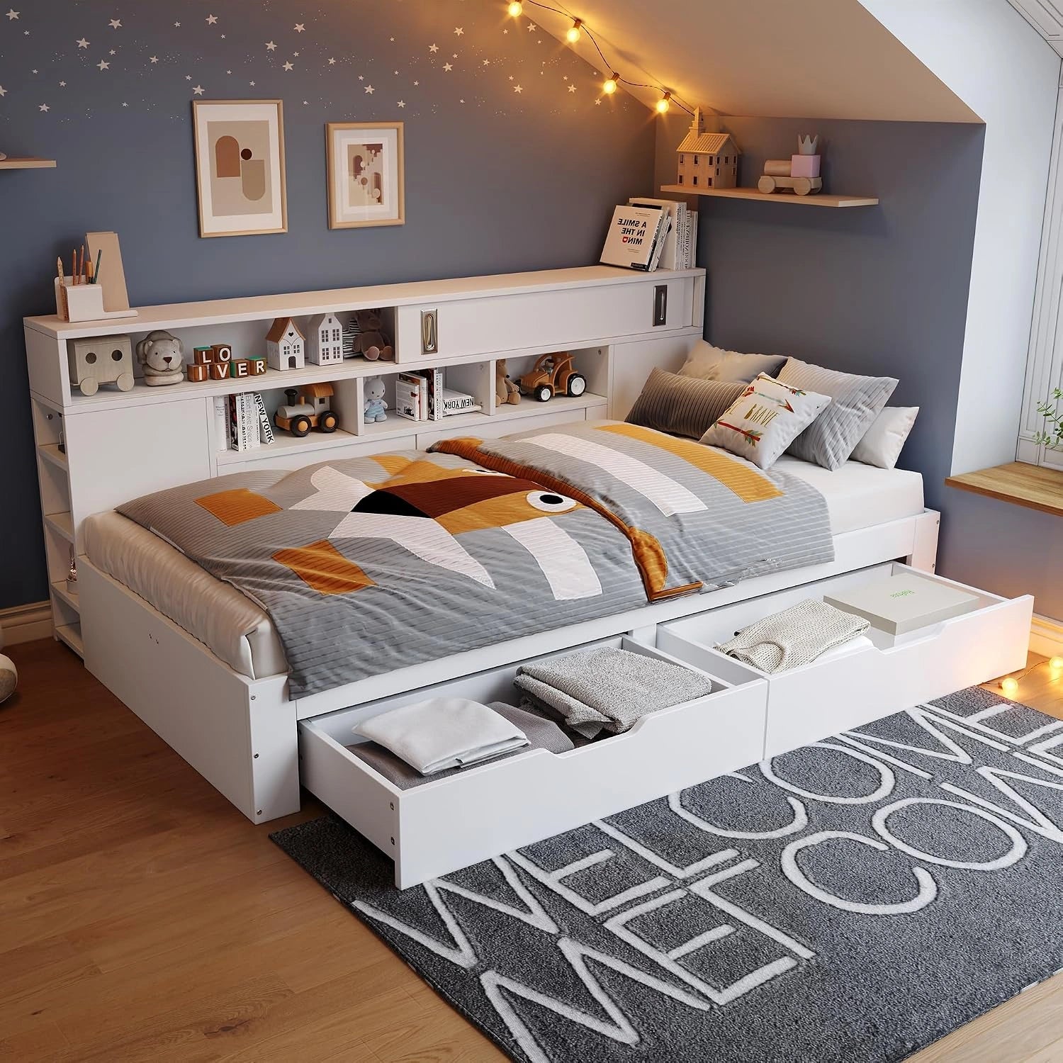 Sapgaks Lit 140 x 190 avec sommier à Lattes, Blanc, Cadre de lit Coffre 140 x 190 cm, Lit Enfant Simple, avec tiroirs, Matelas Non