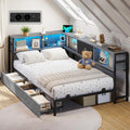 DICTAC Canapé Lit 90x190 avec éclairage LED et Prise, Gris chêne, Lits 90x190 avec sommier en Métal, lit Banquette avec 5 Compartiments Rangement
