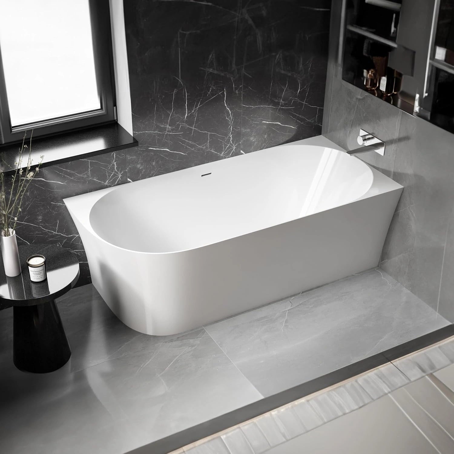 BERNSTEIN - Baignoire d'angle semi-îlot Blanc brillant design Acrylique + Bonde et trop plein, 200 L
