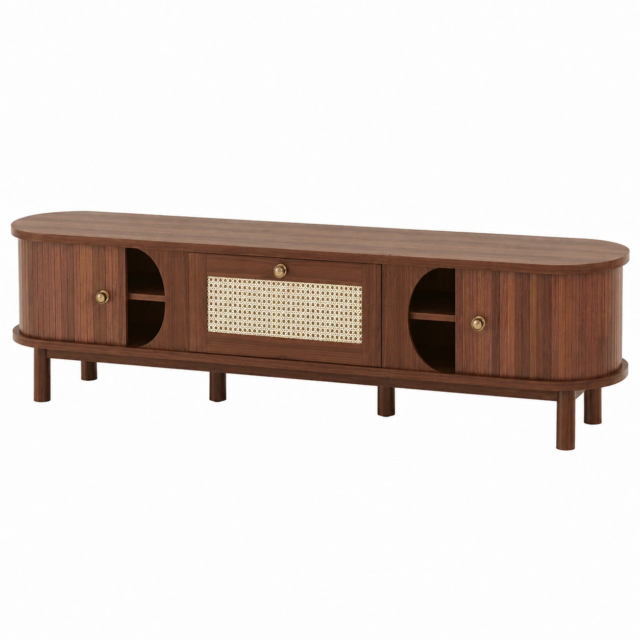 Meuble TV en bois et rotin avec rangement intégré