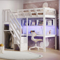 Merax Lit mezzanine 90 x 200 cm, blanc (sans matelas), cadre en bois massif, avec bureau, éclairage LED et prise USB, avec espace de rangement