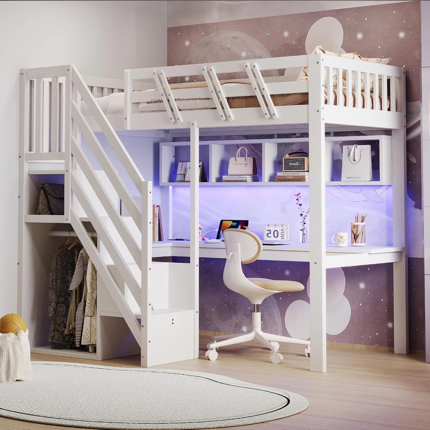 Merax Lit mezzanine 90 x 200 cm, blanc (sans matelas), cadre en bois massif, avec bureau, éclairage LED et prise USB, avec espace de rangement