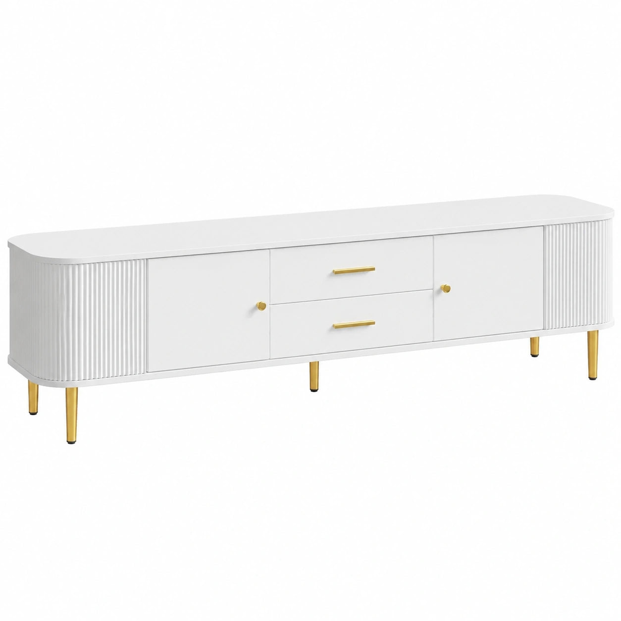 Meuble TV moderne 170 cm, blanc, avec tiroirs et portes
