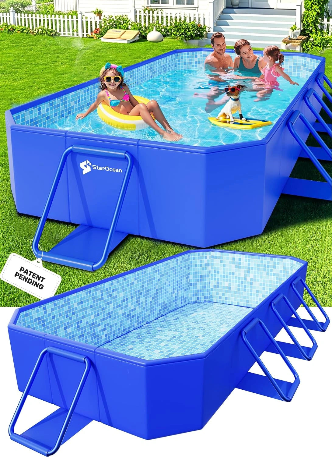 Grande piscine non gonflable pliable portable pour enfants et adultes, bleu, 269 x 144 x 50 cm, piscine de jardin pliable, coque en plastique rigide