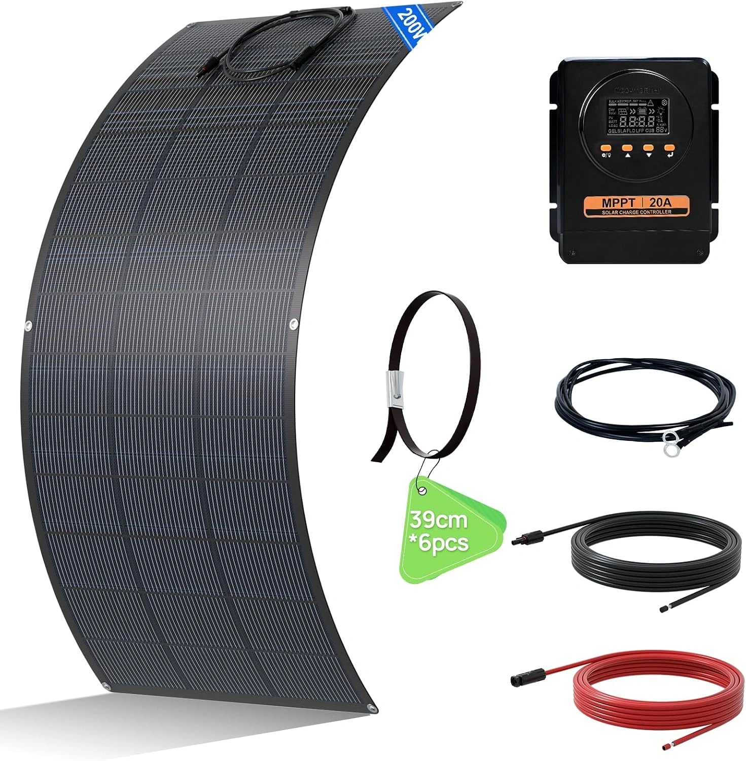 ECO-WORTHY Kit Panneau Solaire Souple 200 W hors réseau, Régulateur de Charge MPPT 20 A avec Câble Solaire pour Caravane, Camping-car