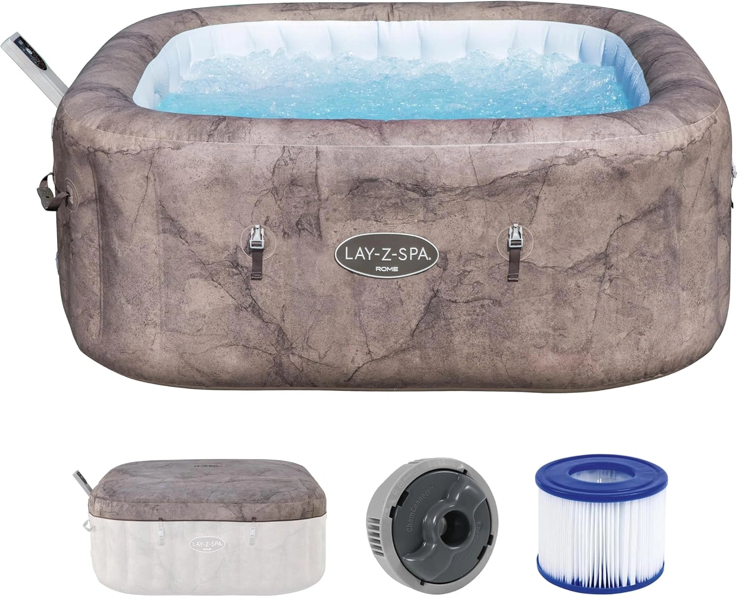 Bestway 71'x71'x28'/1.80mx1.80mx71 cm Rome MaxHold EnergySense UltraFit Smart AirJet 6 Carré en marbre Marron