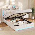 AOGLLATI Lit Coffre 140x190 CM, Lin Beige(sans Matelas), Lit Double avec LED et Ports USB, Cadre de lit avec Tête de Lit capitonné et Rangement