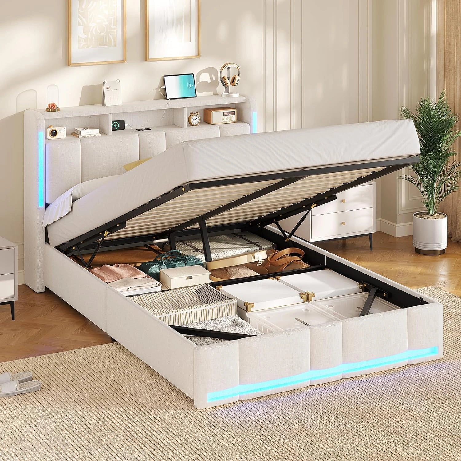 AOGLLATI Lit Coffre 140x190 CM, Lin Beige(sans Matelas), Lit Double avec LED et Ports USB, Cadre de lit avec Tête de Lit capitonné et Rangement