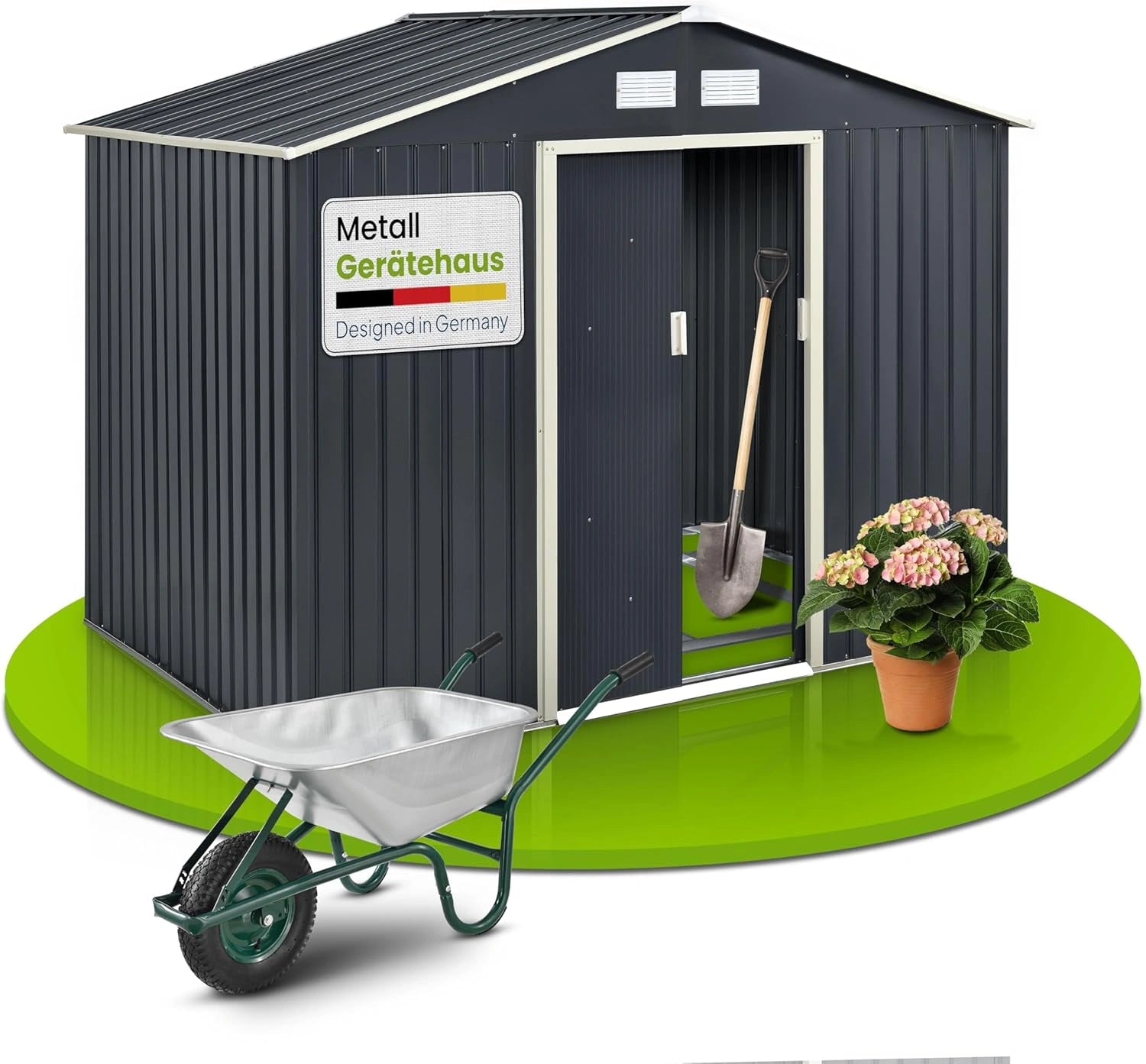Juskys Abri à Outils en Métal 9 m³ avec Toit Incliné, Porte Coulissante et Fondation - 277×191×192 cm - Abri de Jardin (Gris)(XL)
