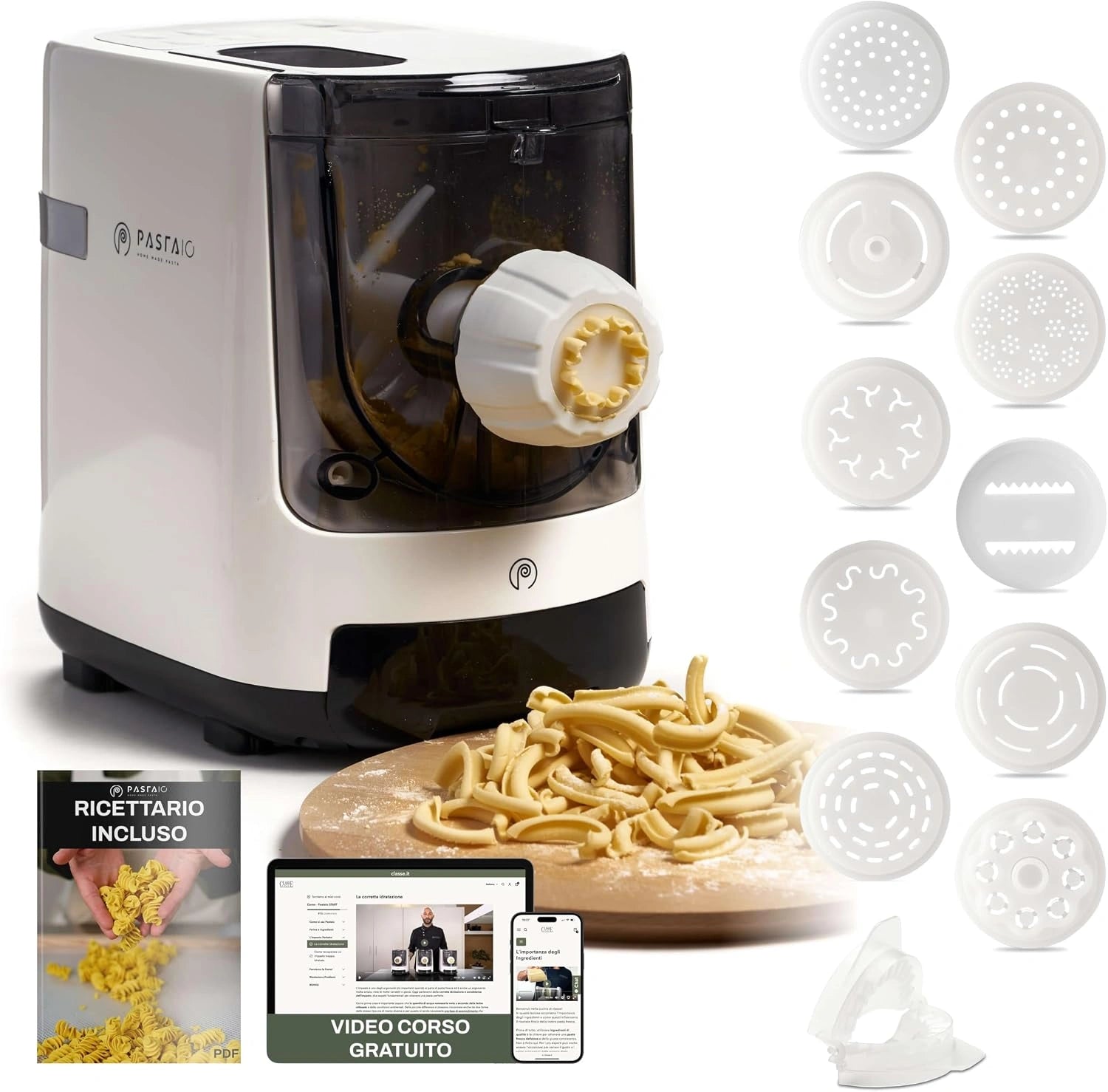 PASTAIO Machine à pâtes avec 11 Matrices. Pasta Maker, jusqu'à 800g de pâtes, jusqu'à 15 types de pâtes différentes. Classe Italie, balance intégrée