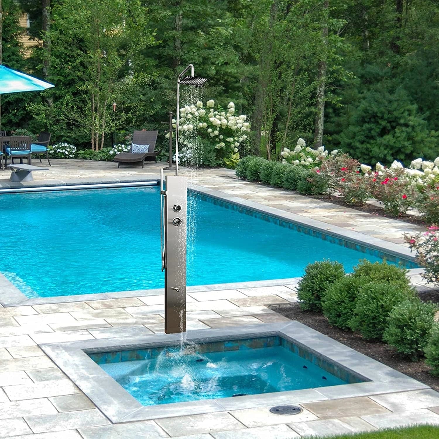 ElbeDouche de Jardin sans Plaque de Base en WPC, en Acier Inoxydable 304 brossé, avec mitigeur, avec Douche de tête