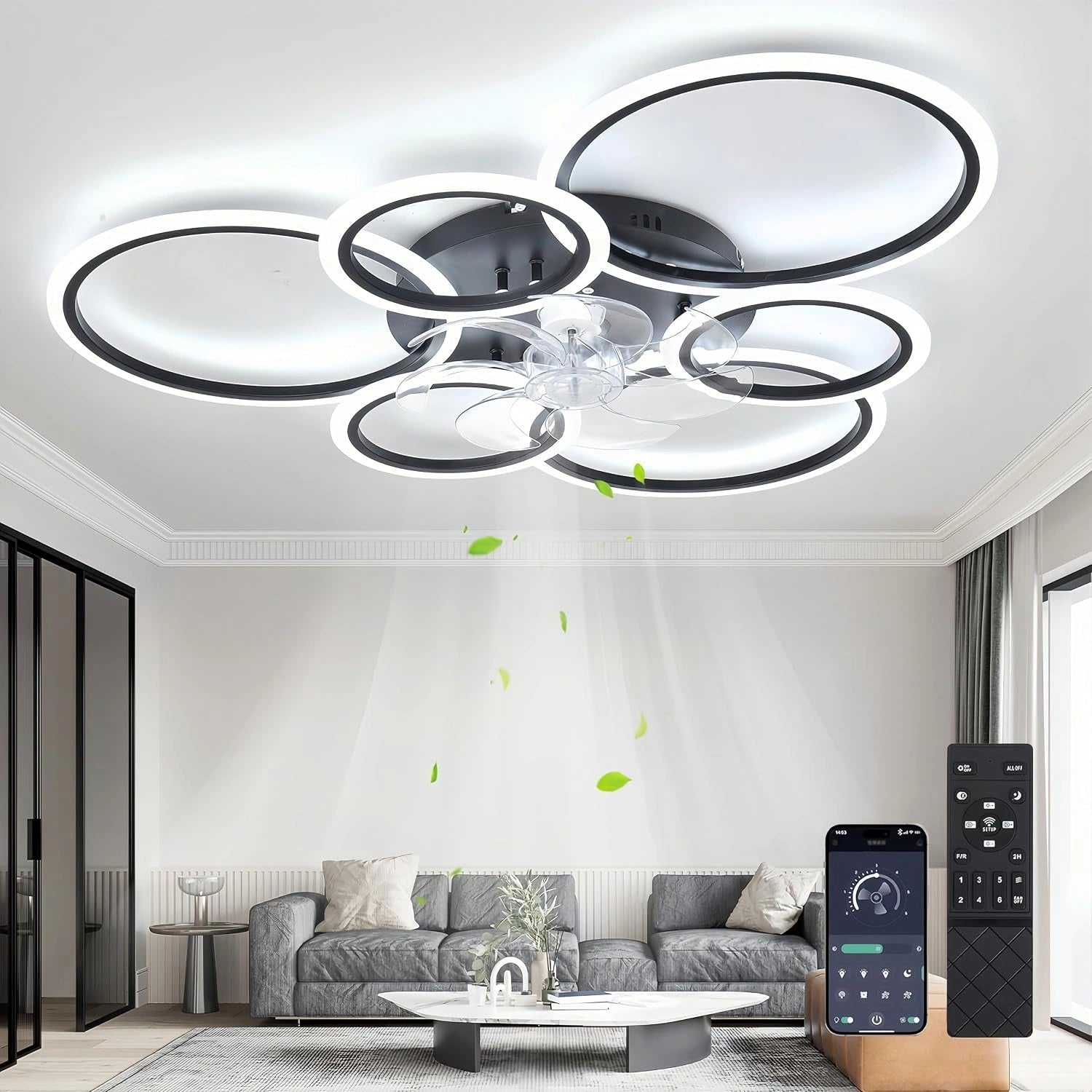 MiiR Ventilateur De Plafond Avec Lumière LED À Intensité Variable Et Télécommande, Noir, 85 Watts, 6800 Lumens, 6 Vitesses, Moteur Réversible