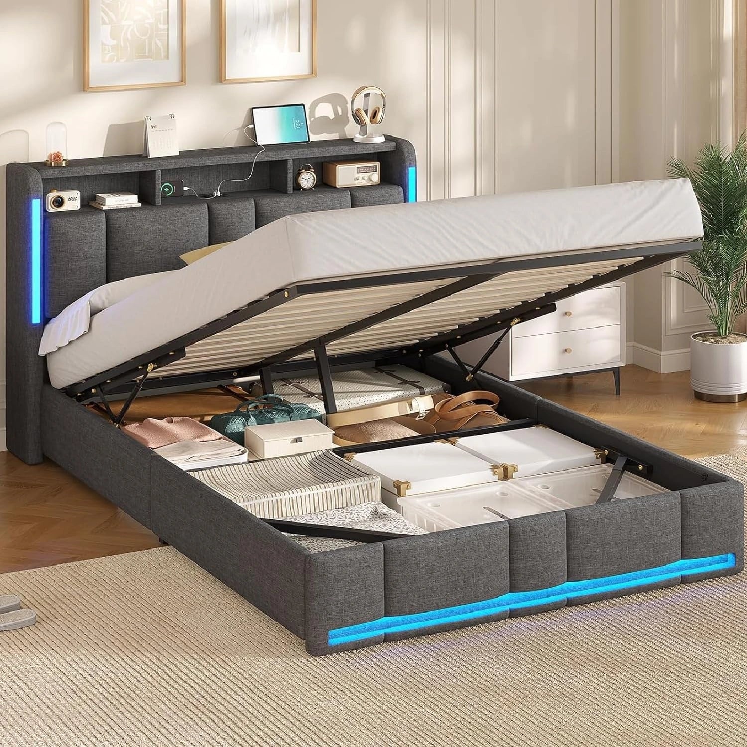 AOGLLATI Lit Coffre 140x190 CM, Lin Gris Foncé(sans Matelas), Lit Double avec LED et Ports USB, Cadre de lit avec Tête de Lit capitonné et Rangement