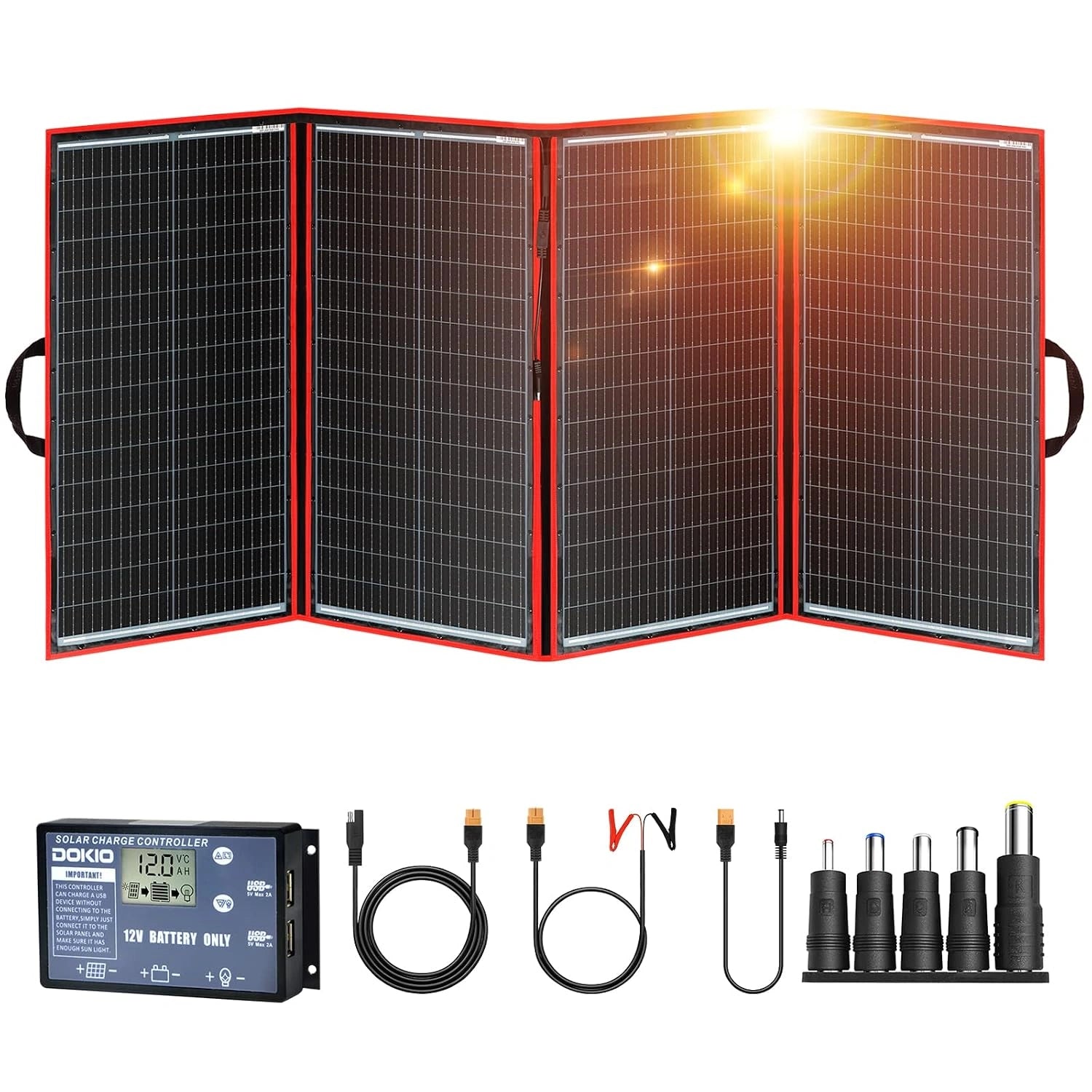 DOKIO 300 W Panneau Solaire Pliable Portable Kit, avec 2 ports USB, batterie, 8 mm, 4 mm