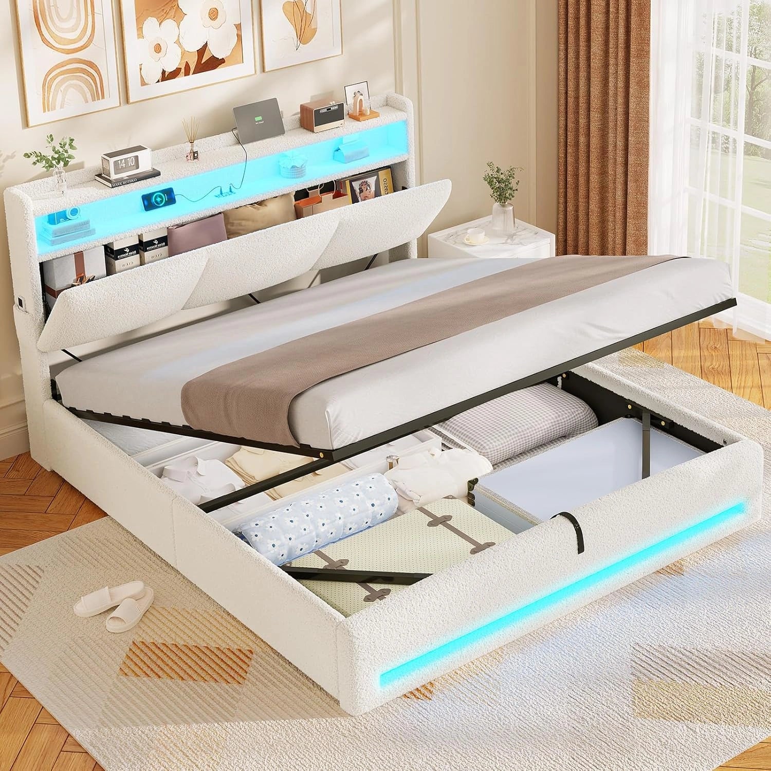 AOGLLATI Lit Coffre 140×200 avec LED et Ports USB, Beige(sans Matelas), Lit 2 personnes avec Hydraulique, Sommier à Lattes, Velours Teddy