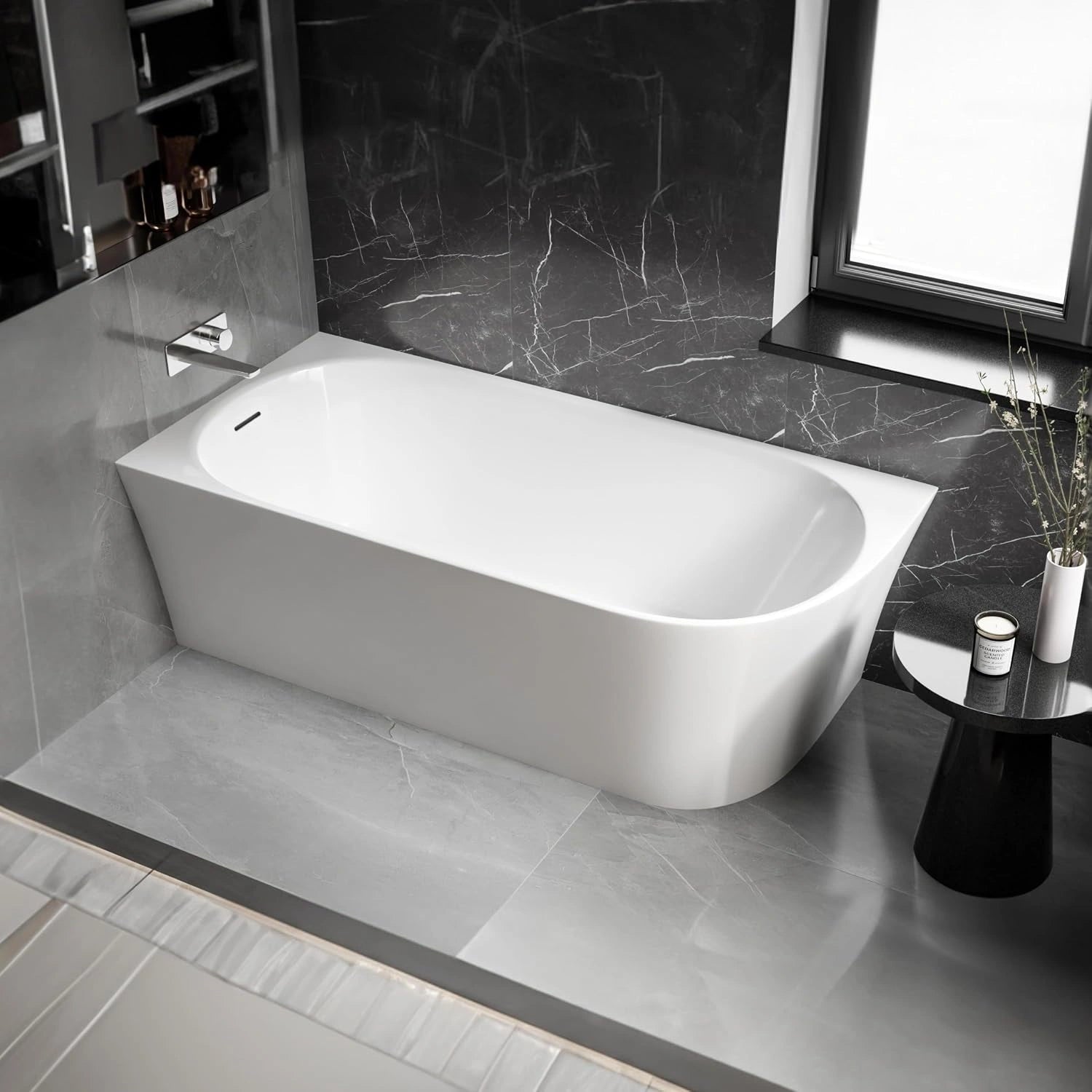 BERNSTEIN - Baignoire d'angle semi-îlot Blanc brillant design Acrylique + Bonde et trop plein, 215 L