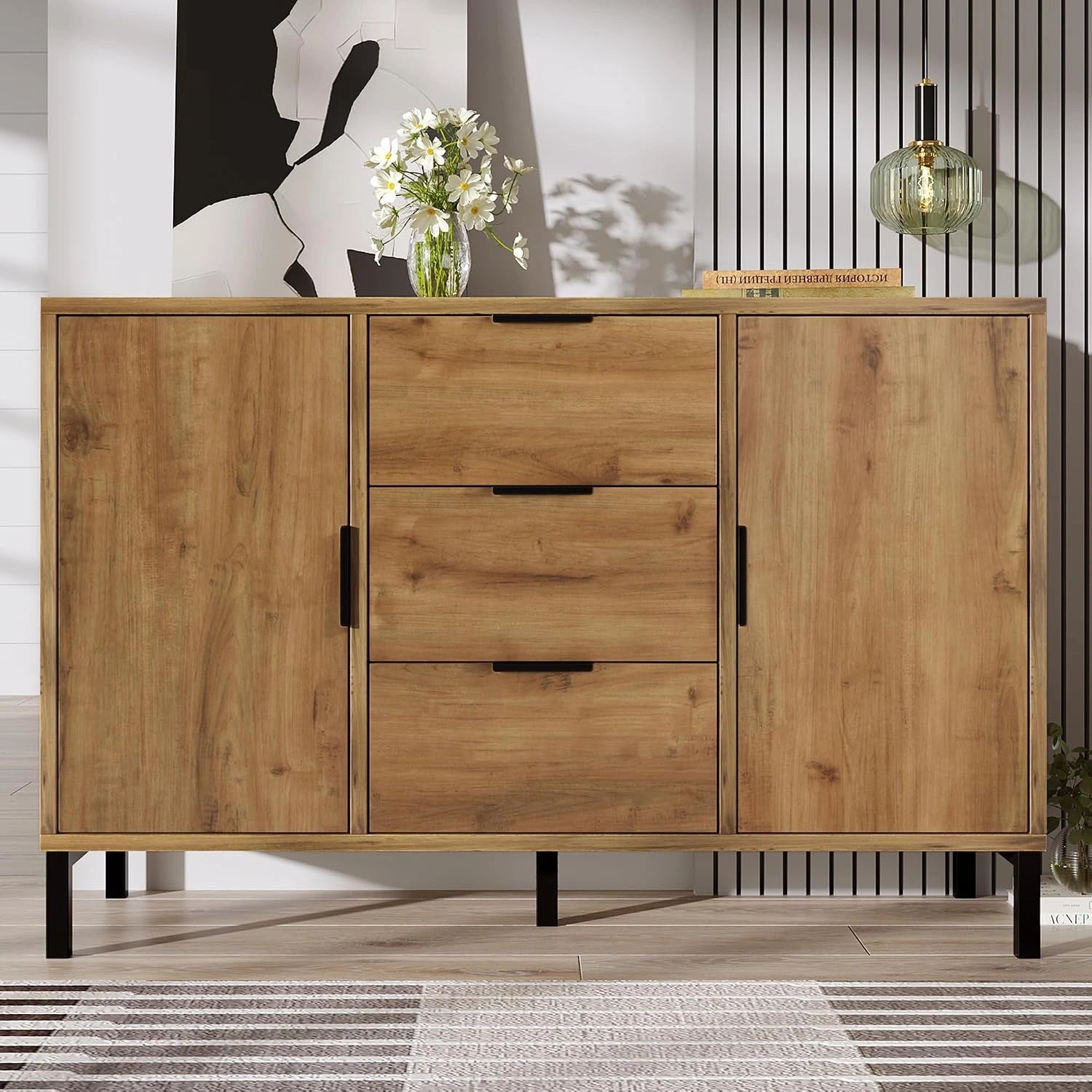 Merax Commode en chêne foncé Buffet en Bois avec 2 Portes et 3 tiroirs, 120 x 40 x 76 cm, Meuble de Rangement avec étagères réglables, Chambre, Bureau