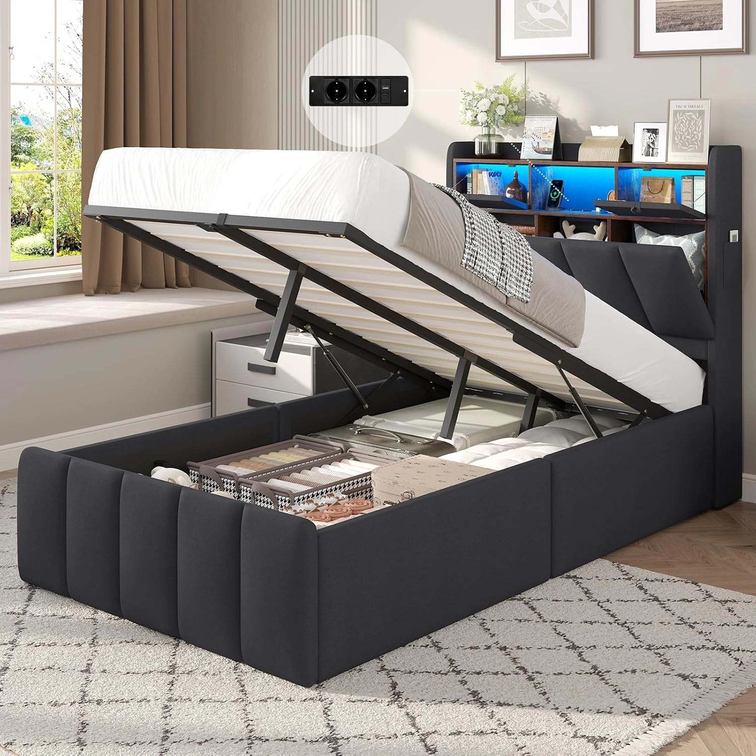 DICTAC Lit Coffre 90x200 avec Rangement, Lit 1 Place avec Tête de Lit Intégrée, Éclairage LED, Prises USB/Type-C, Sommier à Lattes, Levage Pneumatique