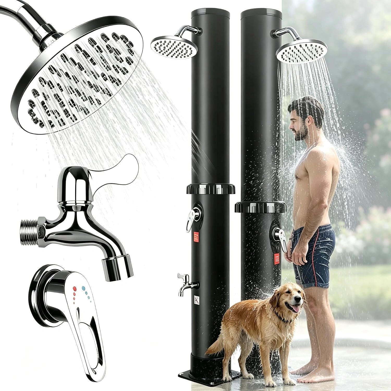 Douche Solaire 40 Litres, Eau Chaude Jusqu'à 60 °C, Température de L'eau Réglable, Douche de Jardin avec Pommeau de Douche Rotatif et Robinet à Pied