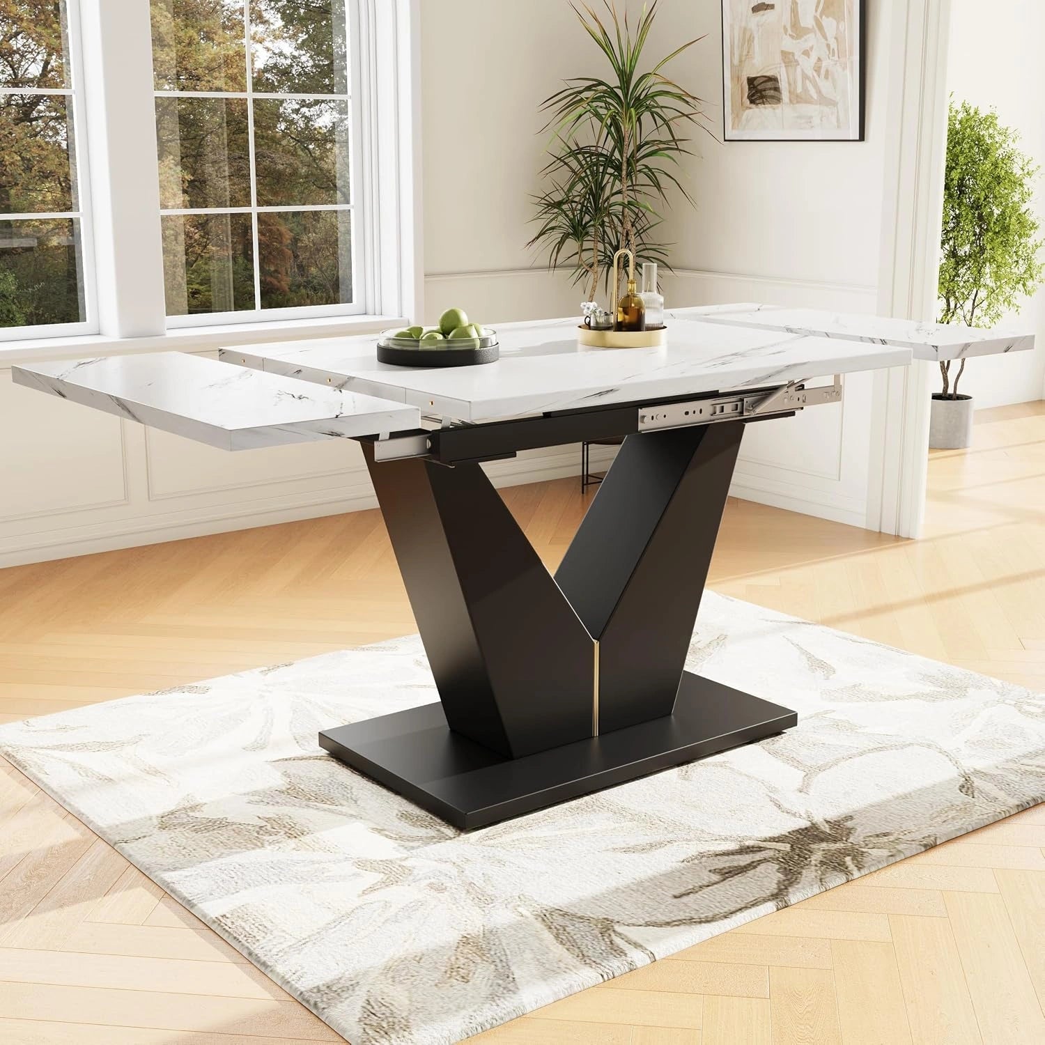 Merax Table à manger extensible, marbre imitation+noir, 99-159×75 cm, 4–6 personnes, table de cuisine en marbre imitation, pour cuisine, salon, bureau