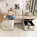 Canapé d'angle Modulable U 3 Places avec Rangements - 2 Poufs de Rangement, Convertible en Lit, Tissu Corde - pour Petit Salon ou Appartement