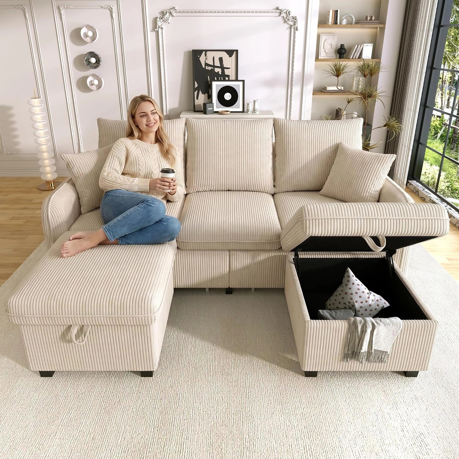 Canapé d'angle Modulable U 3 Places avec Rangements - 2 Poufs de Rangement, Convertible en Lit, Tissu Corde - pour Petit Salon ou Appartement