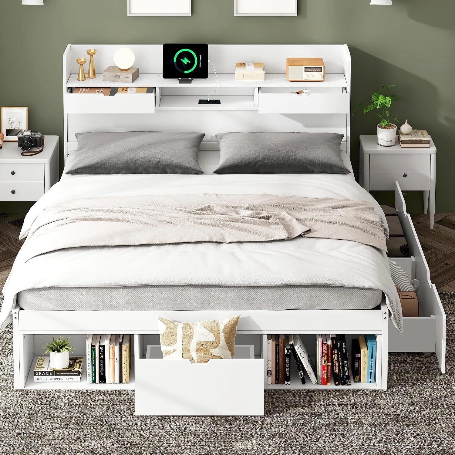 Sapgaks Lit 140 x 190 avec Sommier USB et Tiroirs, Lit Coffre 140x190 avec Rangement 2 en 1 et Tete, Cadre de 140 x 190(sans Matelas)