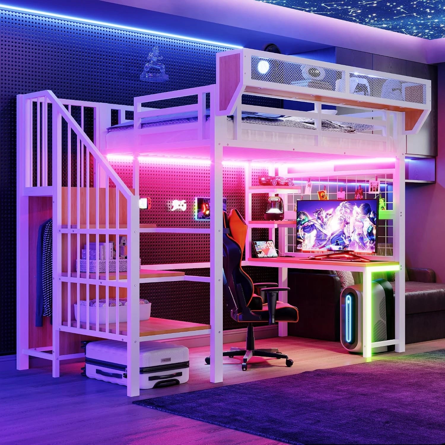 Merax Lit mezzanine en métal 90 x 200 cm, blanc (sans matelas), avec bureau, LED et prise, lit pour adolescent avec échelle de rangement, étagère