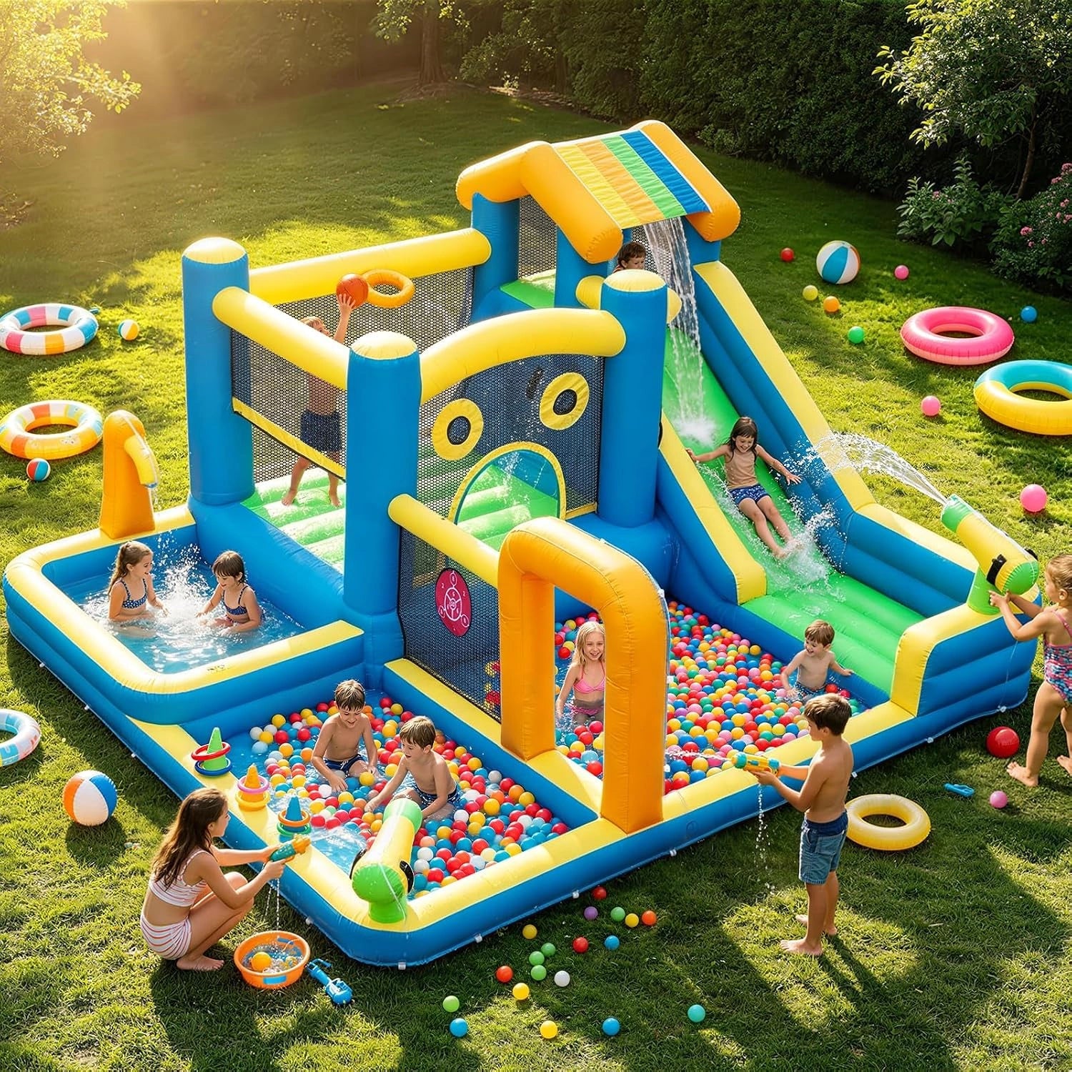 AONESY Château gonflable pour enfants avec toboggan aquatique, jets d'eau, football et panier de basket, soufflerie pour intérieur, escalade, saut