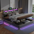 Lit Coffre 140 x 190 cm, Velours (Gris A, avec Éclairage LED et Port USB, Lit Double Rembourré avec Rangement et Tete de lit